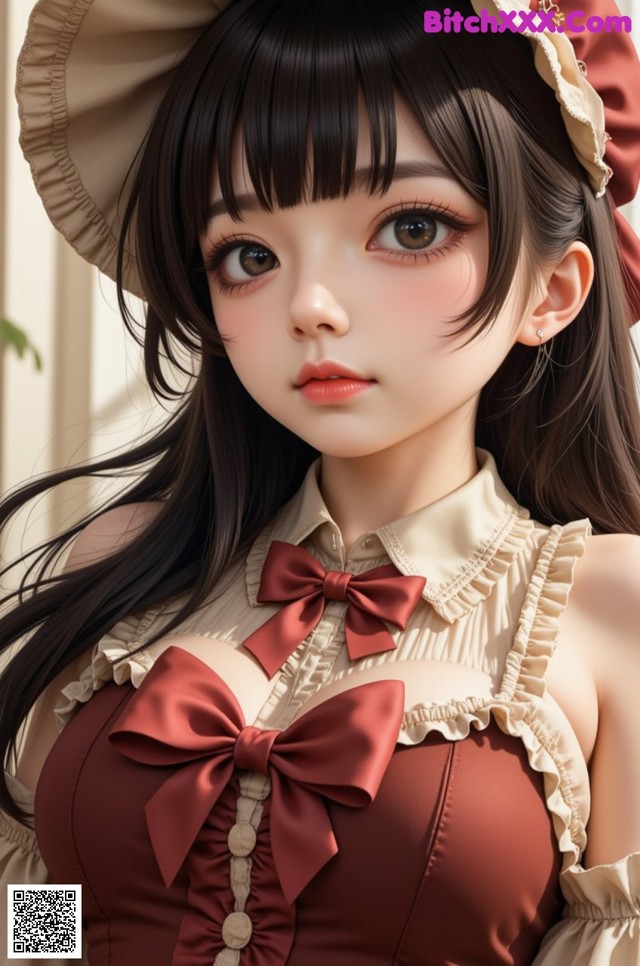 A girl with long black hair wearing a brown dress and a hat.