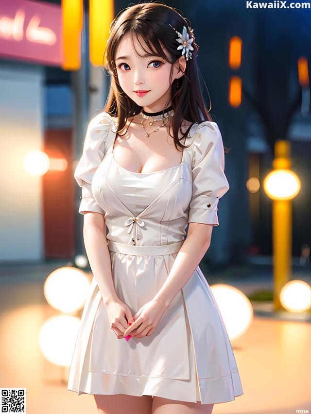 A woman in a white dress standing on a city street.