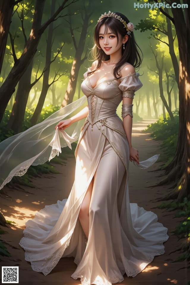 A woman in a long dress walking through a forest.