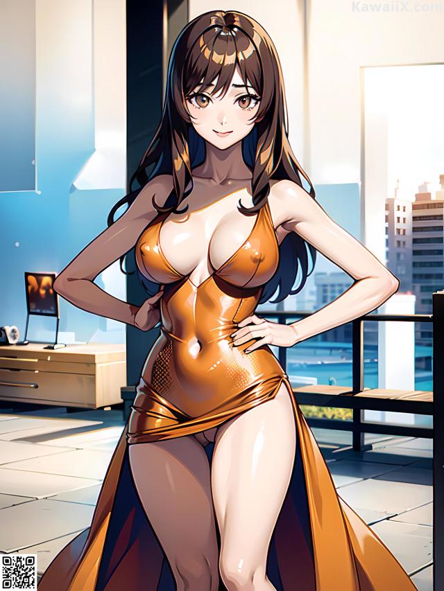 A woman in a gold dress standing in front of a window.