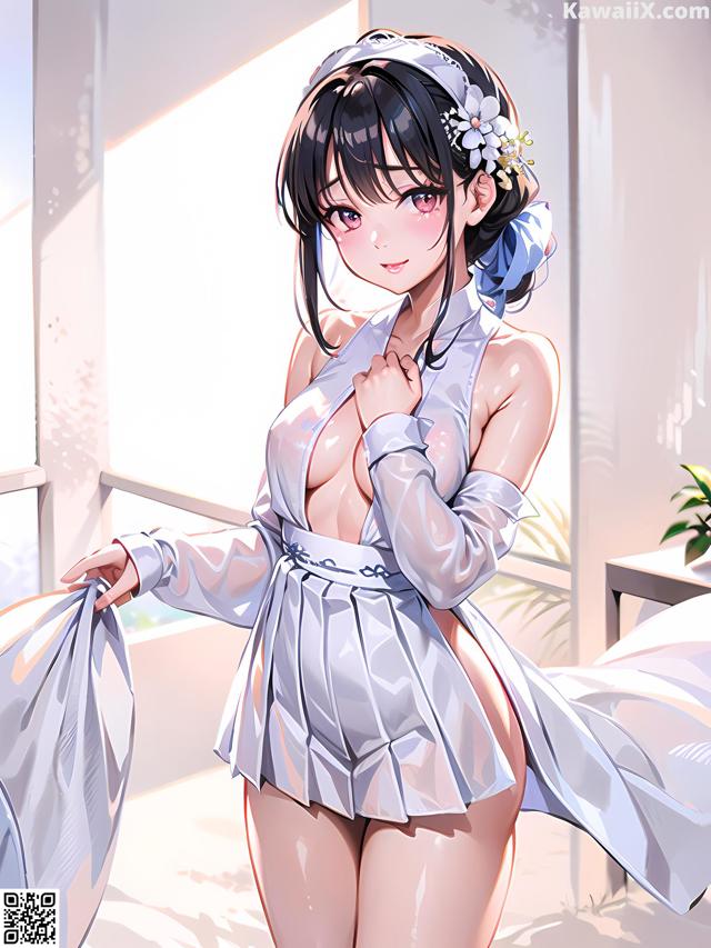 A woman in a white dress is posing for a picture.